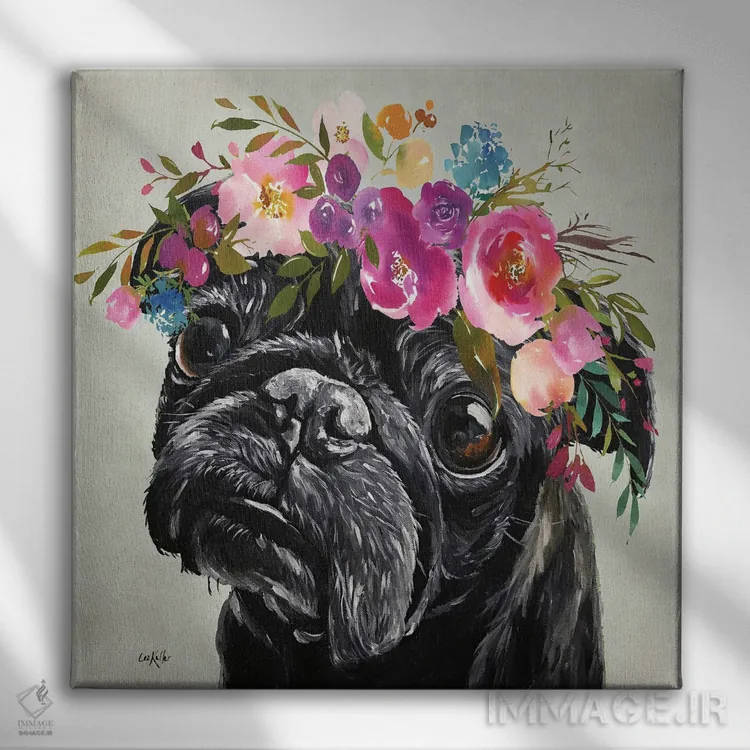 تابلو Black Pug With Flowers,پاگ با تاج گل، پاگ سیاه با گلها اثر هیپی هاوند استودیوز (استودیو هنری) - نمای روبهرو روی دیوار