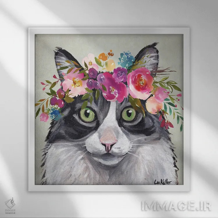 تابلو گربه با تاج گل اثر هیپی هاوند استودیوز (استودیو هنری) - نمای قابدار سفید