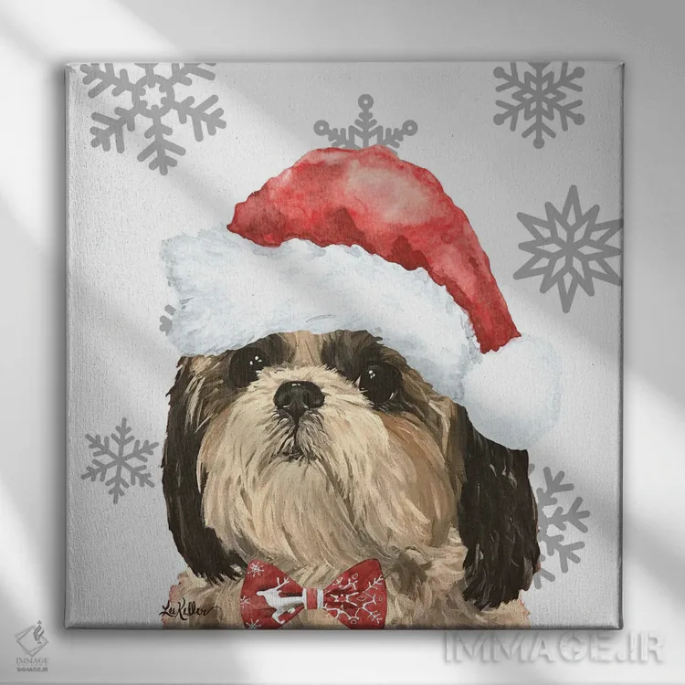 تابلو شیهتزو کریسمسی (سگ شیهتزو) اثر هیپی هاوند استودیوز (استودیو هنری) - نمای روبهرو روی دیوار