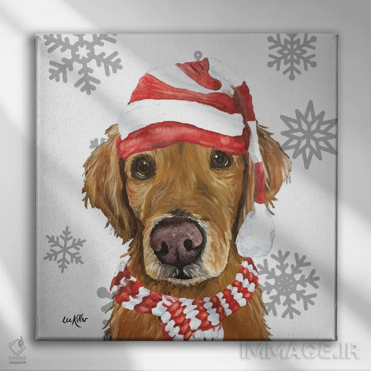 تابلو گلدن رتریور کریسمسی (سگ گلدن رتریور) اثر هیپی هاوند استودیوز (استودیو هنری) - نمای روبهرو روی دیوار
