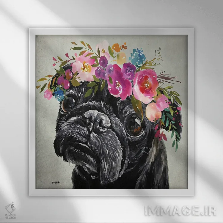 تابلو Black Pug With Flowers,پاگ با تاج گل، پاگ سیاه با گلها اثر هیپی هاوند استودیوز (استودیو هنری) - نمای قابدار سفید