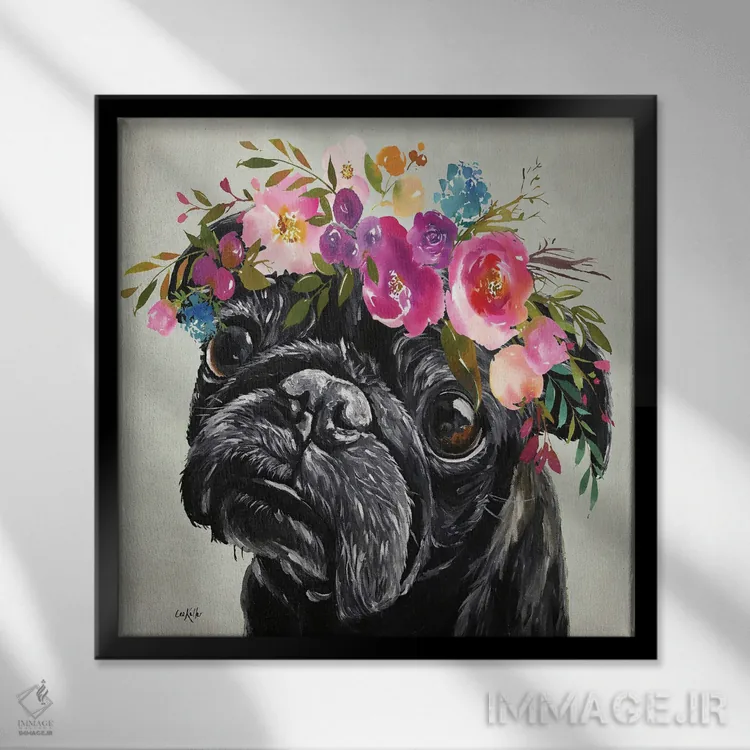 تابلو Black Pug With Flowers,پاگ با تاج گل، پاگ سیاه با گلها اثر هیپی هاوند استودیوز (استودیو هنری) - نمای قابدار مشکی