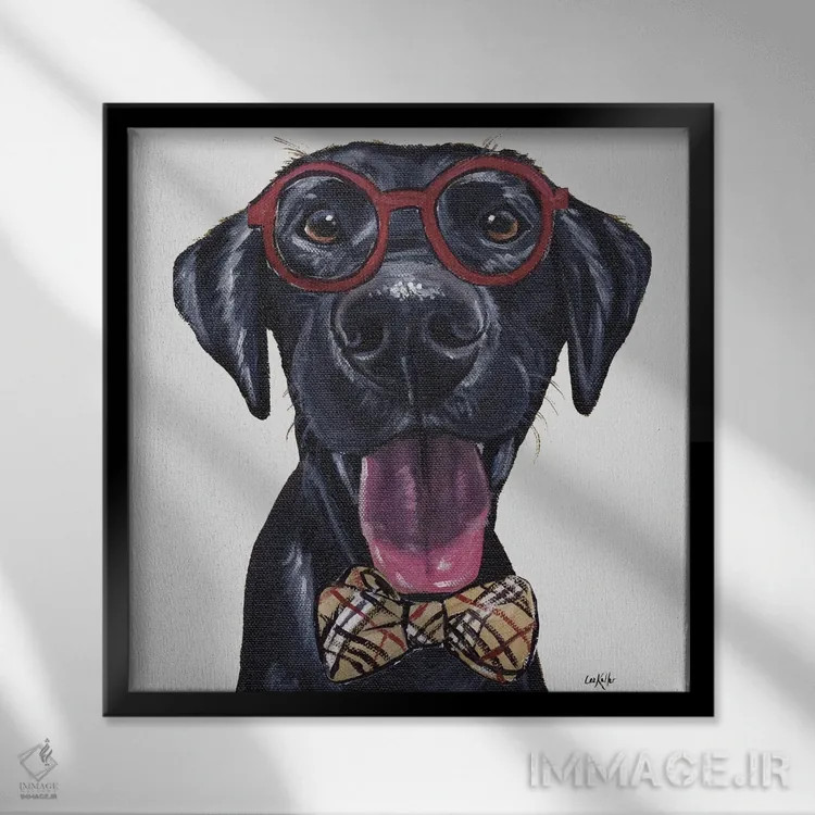 تابلو Black Lab With Glasses And Bowtie,لابراتوار سیاه مسافر با عینک و پاپیون اثر هیپی هاوند استودیوز (استودیو هنری) - نمای قابدار مشکی