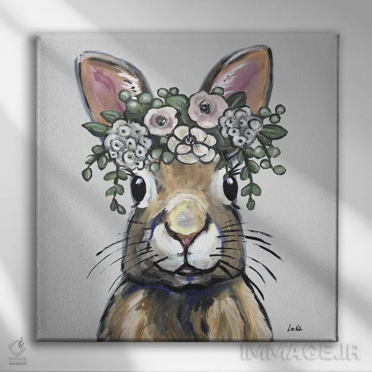 تابلو خرگوش بوهو با تاج گل (سبک هیپی) اثر هیپی هاوند استودیوز (استودیو هنری) - نمای روبهرو روی دیوار
