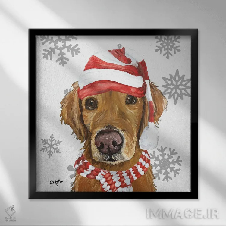 تابلو گلدن رتریور کریسمسی (سگ گلدن رتریور) اثر هیپی هاوند استودیوز (استودیو هنری) - نمای قابدار مشکی