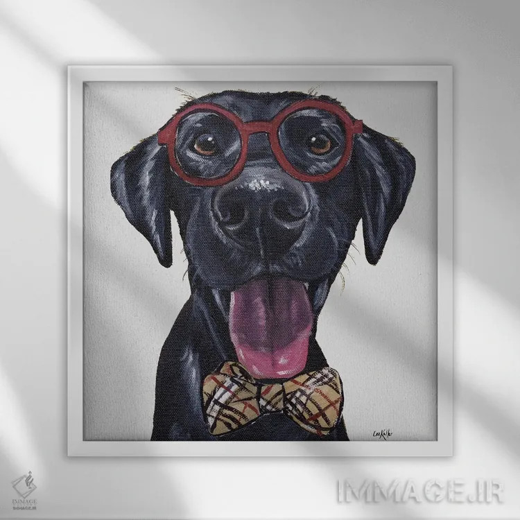 تابلو Black Lab With Glasses And Bowtie,لابراتوار سیاه مسافر با عینک و پاپیون اثر هیپی هاوند استودیوز (استودیو هنری) - نمای قابدار سفید