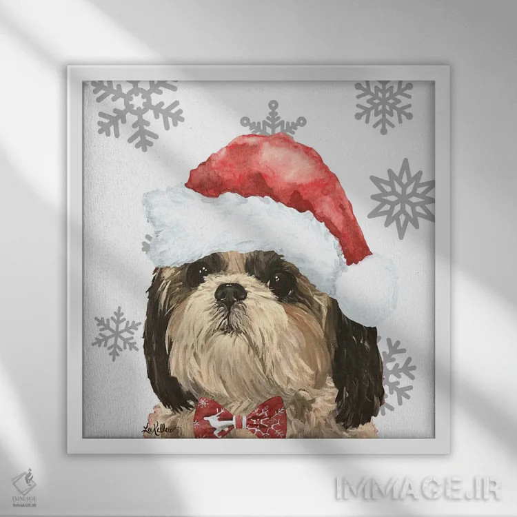 تابلو شیهتزو کریسمسی (سگ شیهتزو) اثر هیپی هاوند استودیوز (استودیو هنری) - نمای قابدار سفید