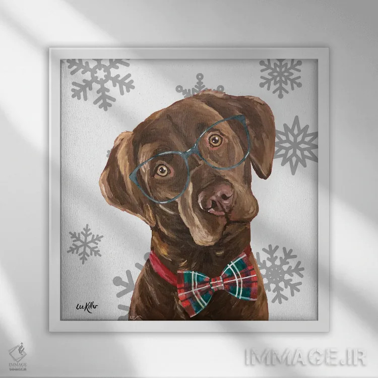 تابلو لابراتوار شکلاتی کریسمسی (سگ لابرادور قهوهای) اثر هیپی هاوند استودیوز (استودیو هنری) - نمای قابدار سفید