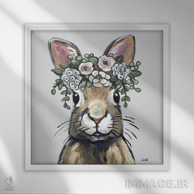 تابلو خرگوش بوهو با تاج گل (سبک هیپی) اثر هیپی هاوند استودیوز (استودیو هنری) - نمای قابدار سفید