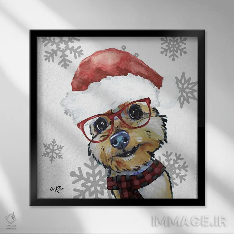تابلو یورکی کریسمسی (سگ یورکشایر تریر) اثر هیپی هاوند استودیوز (استودیو هنری) - نمای قابدار مشکی