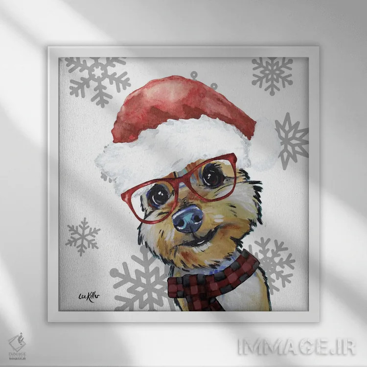 تابلو یورکی کریسمسی (سگ یورکشایر تریر) اثر هیپی هاوند استودیوز (استودیو هنری) - نمای قابدار سفید