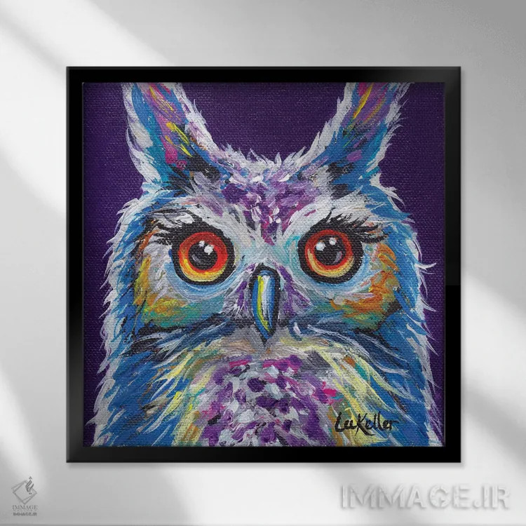 تابلو جغد ساشا اثر هیپی هاوند استودیوز (استودیو هنری) - نمای قابدار مشکی