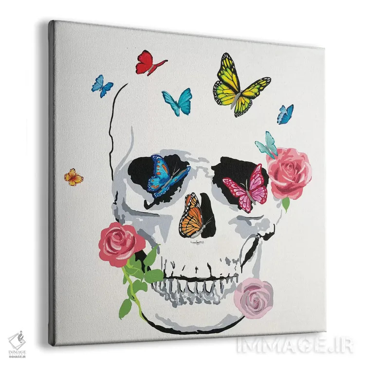 تابلو جمجمه پروانه و گل (جمجمه با گل و پروانه) اثر رندی هبرد - نمای پرسپکتیو محصول