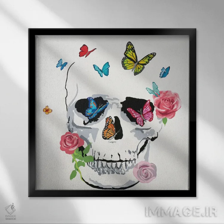تابلو جمجمه پروانه و گل (جمجمه با گل و پروانه) اثر رندی هبرد - نمای قابدار مشکی