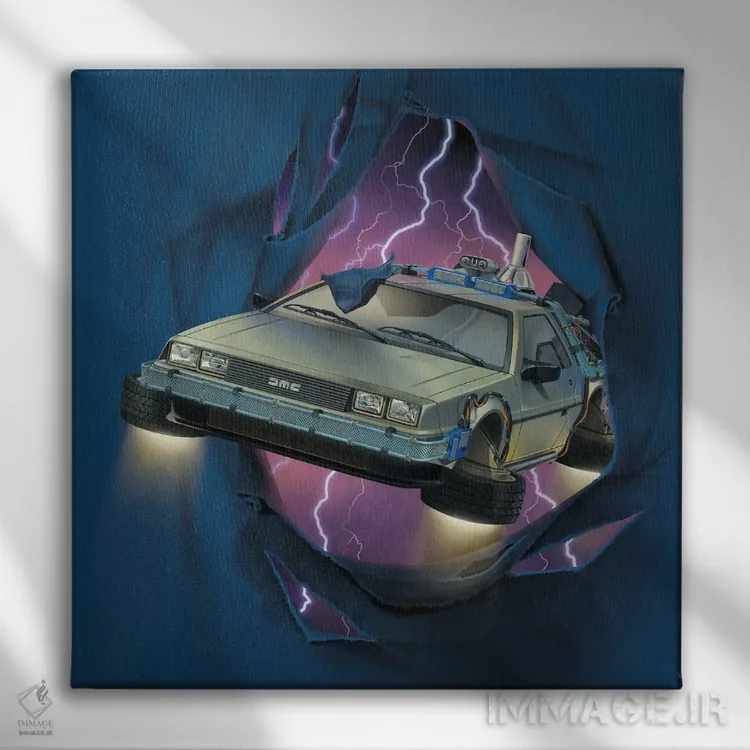 تابلو شکستن دلورین (اشاره به خودرو دلورین) اثر وینسنت های - نمای روبهرو روی دیوار