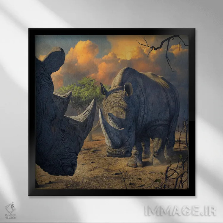 تابلو مقابله کرگدن اثر وینسنت های - نمای قابدار مشکی