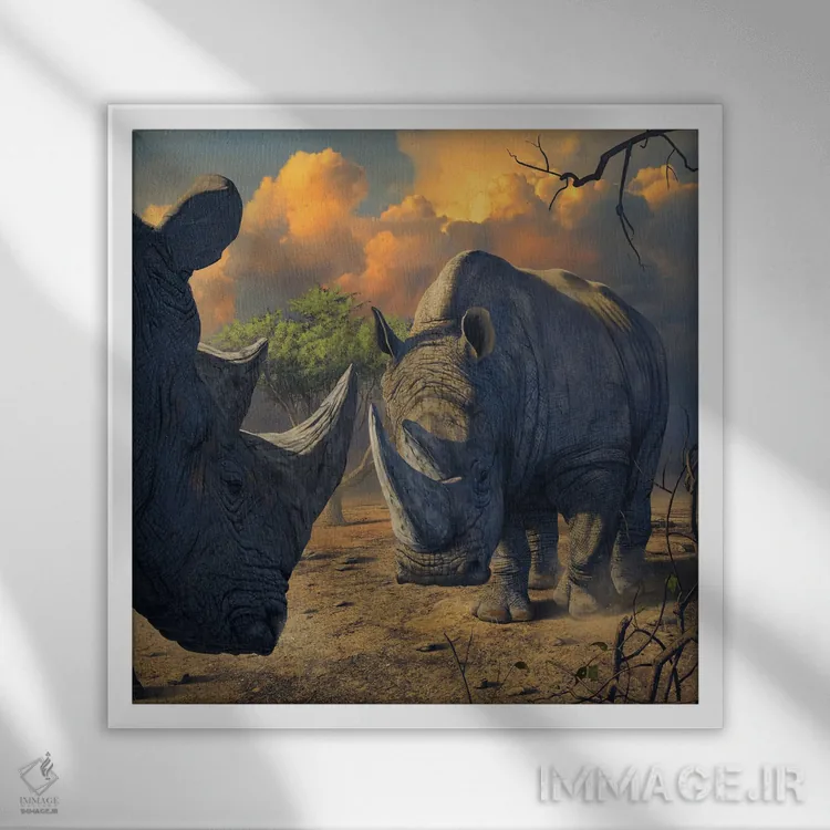 تابلو مقابله کرگدن اثر وینسنت های - نمای قابدار سفید