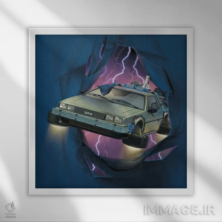 تابلو شکستن دلورین (اشاره به خودرو دلورین) اثر وینسنت های - نمای قابدار سفید