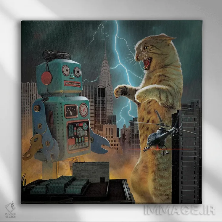تابلو کتزیلا در برابر ربات (واژهبازی، گودزیلا) اثر وینسنت های - نمای روبهرو روی دیوار