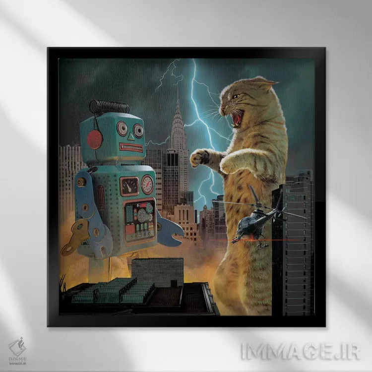 تابلو کتزیلا در برابر ربات (واژهبازی، گودزیلا) اثر وینسنت های - نمای قابدار مشکی