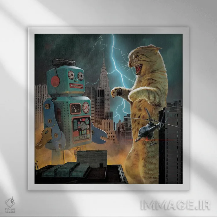 تابلو کتزیلا در برابر ربات (واژهبازی، گودزیلا) اثر وینسنت های - نمای قابدار سفید