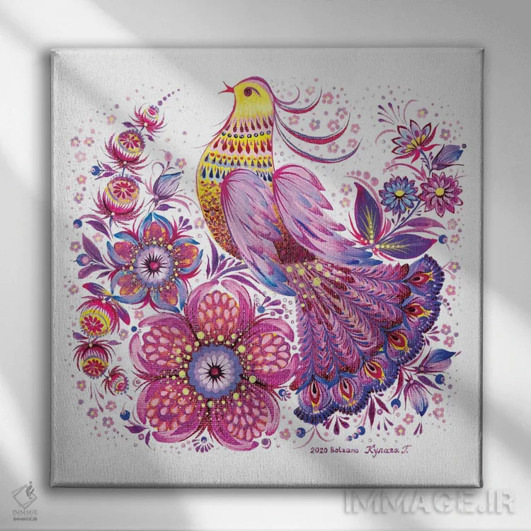 تابلو پرندهٔ صورتی امید اثر هالینا کولگا - نمای روبهرو روی دیوار