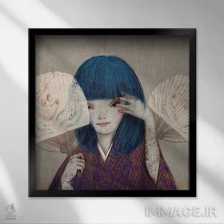 تابلو بادبزن دست گرد بژ (III) اثر هیرویوشی کوراوا - نمای قابدار مشکی