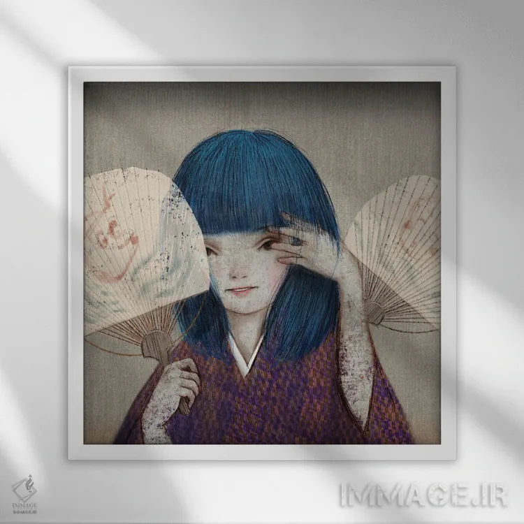 تابلو بادبزن دست گرد بژ (III) اثر هیرویوشی کوراوا - نمای قابدار سفید