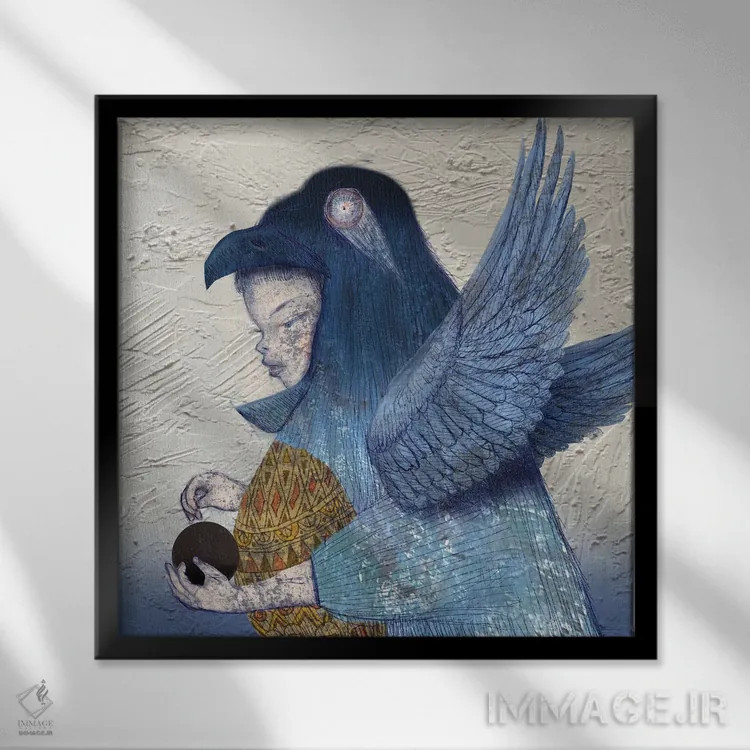 تابلو پرنده و توپ سیاه نیلی (I) اثر هیرویوشی کوراوا - نمای قابدار مشکی