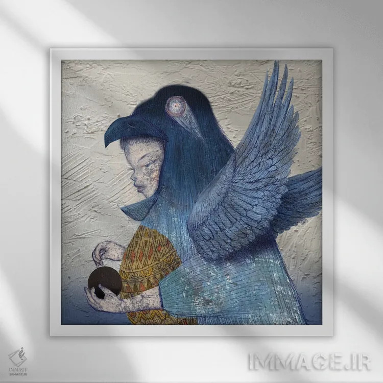 تابلو پرنده و توپ سیاه نیلی (I) اثر هیرویوشی کوراوا - نمای قابدار سفید