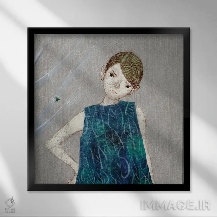 تابلو نیلی (XII) با پرنده کوچک اثر هیرویوشی کوراوا - نمای قابدار مشکی