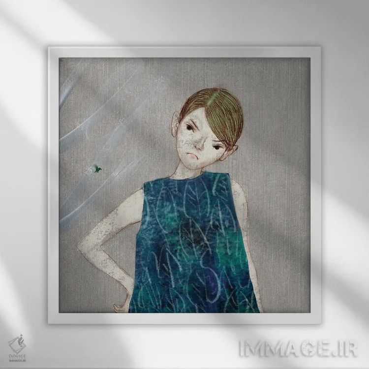 تابلو نیلی (XII) با پرنده کوچک اثر هیرویوشی کوراوا - نمای قابدار سفید