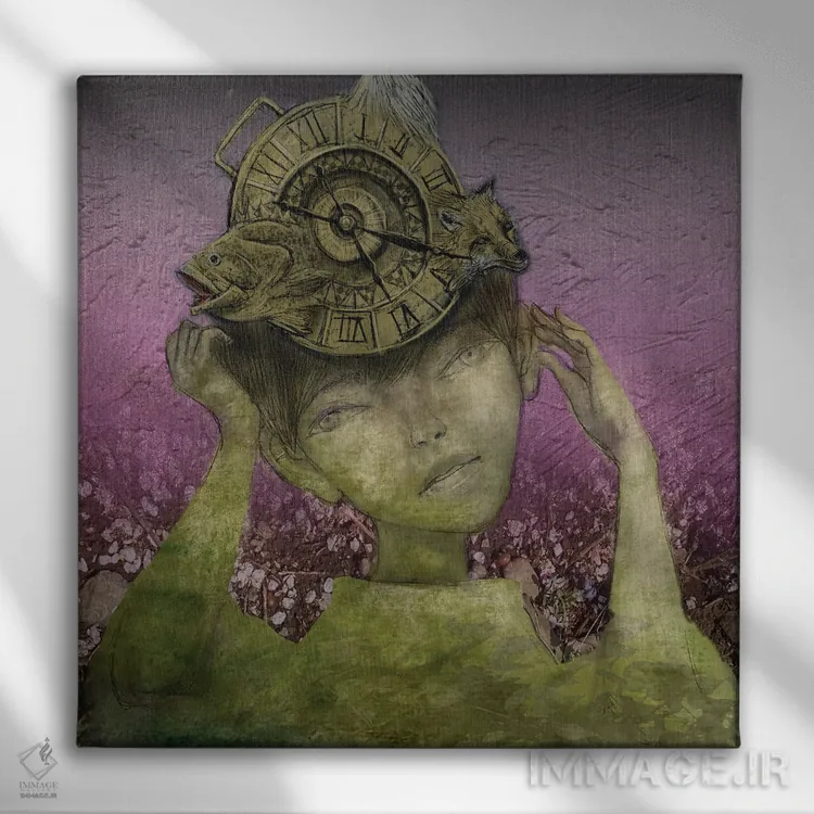 تابلو ساعت حیوانات زیتونی (II) اثر هیرویوشی کوراوا - نمای روبهرو روی دیوار