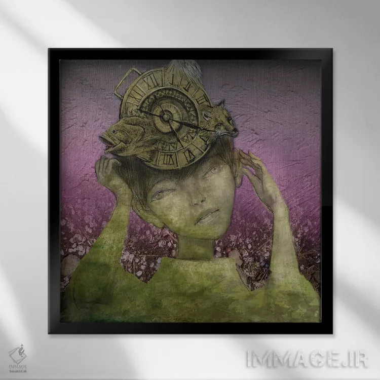 تابلو ساعت حیوانات زیتونی (II) اثر هیرویوشی کوراوا - نمای قابدار مشکی