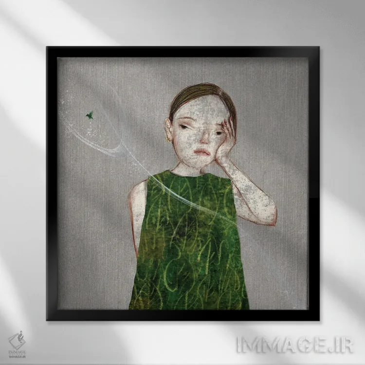 تابلو برگ (II) با پرنده کوچک اثر هیرویوشی کوراوا - نمای قابدار مشکی