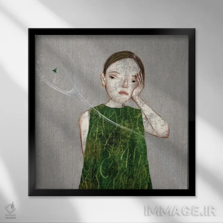 تابلو برگ (II) با پرنده کوچک اثر هیرویوشی کوراوا - نمای قابدار مشکی