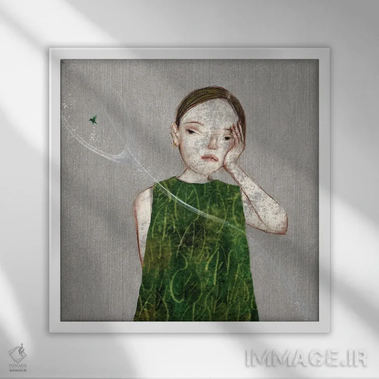 تابلو برگ (II) با پرنده کوچک اثر هیرویوشی کوراوا - نمای قابدار سفید