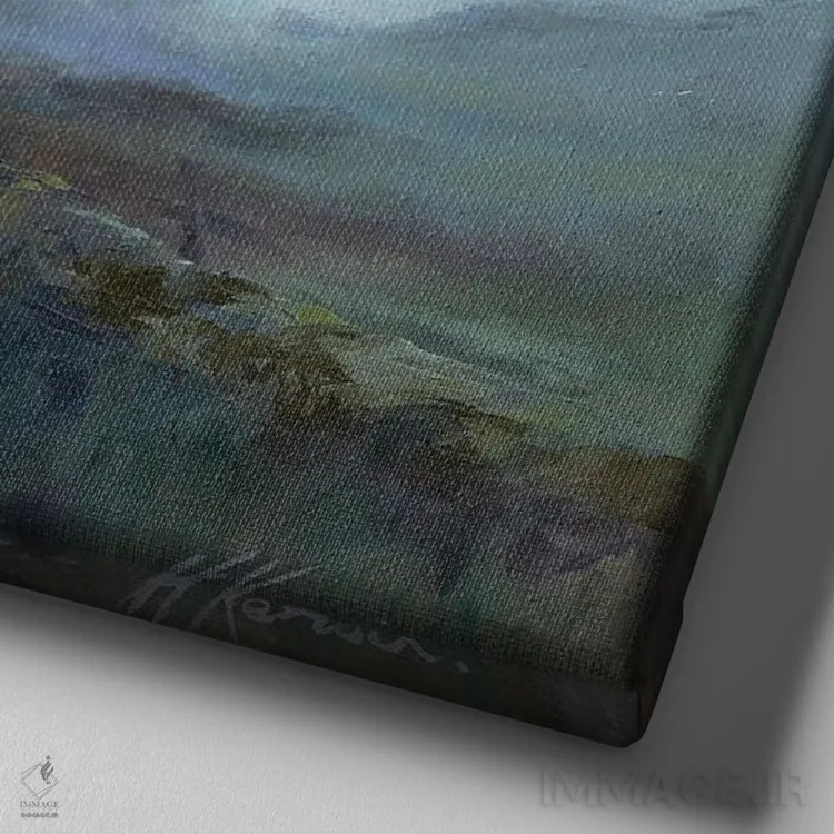 تابلو اولین نور از میان مه اثر هانا کروین - نمای نزدیک بافت بوم