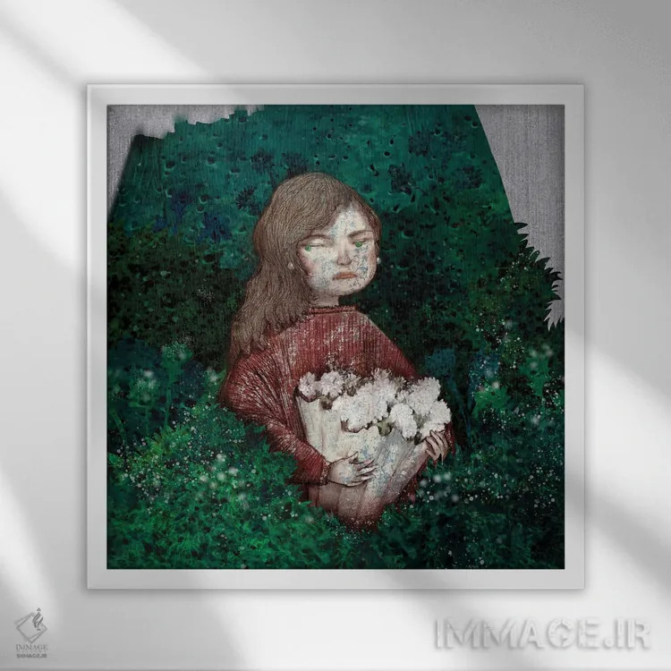تابلو دستهگل سبز چمنی (I) اثر هیرویوشی کوراوا - نمای قابدار سفید