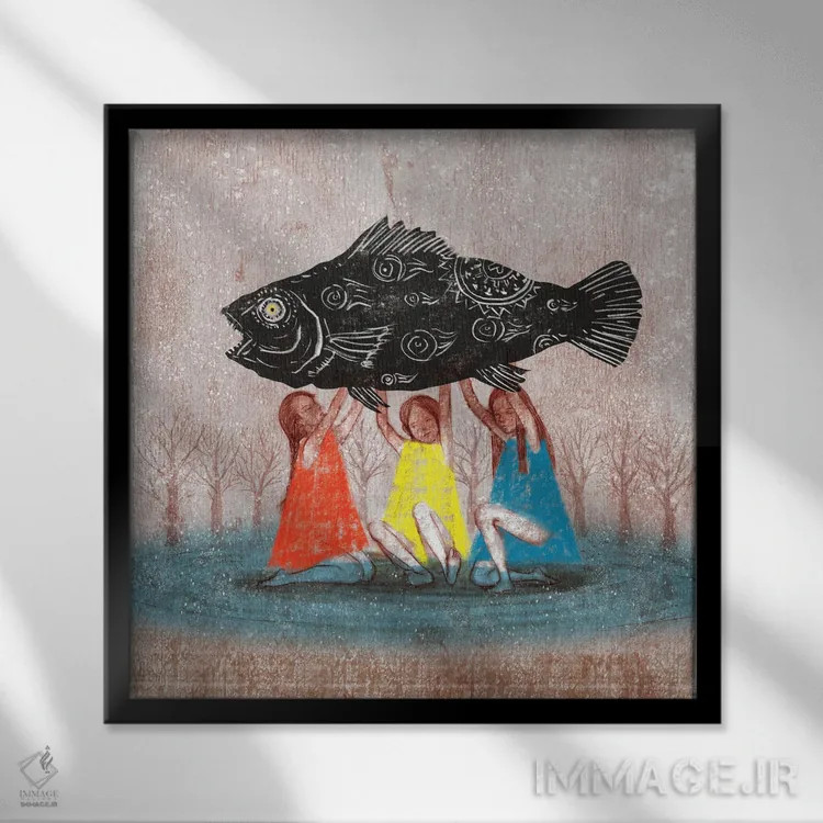 تابلو سه دختر بژ (II) اثر هیرویوشی کوراوا - نمای قابدار مشکی