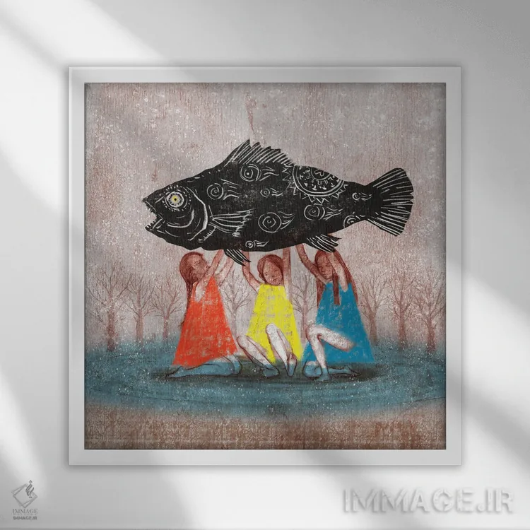 تابلو سه دختر بژ (II) اثر هیرویوشی کوراوا - نمای قابدار سفید