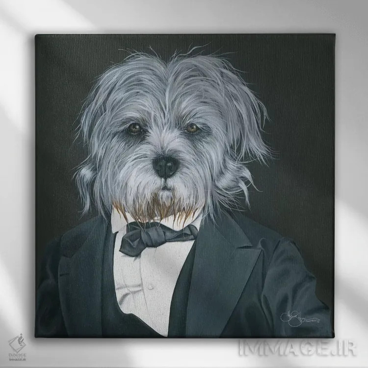 تابلو سگی با کتوشلوار اثر هولیهکس آرت (استودیو هنری) - نمای روبهرو روی دیوار