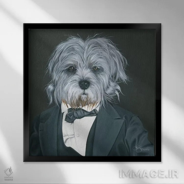 تابلو سگی با کتوشلوار اثر هولیهکس آرت (استودیو هنری) - نمای قابدار مشکی