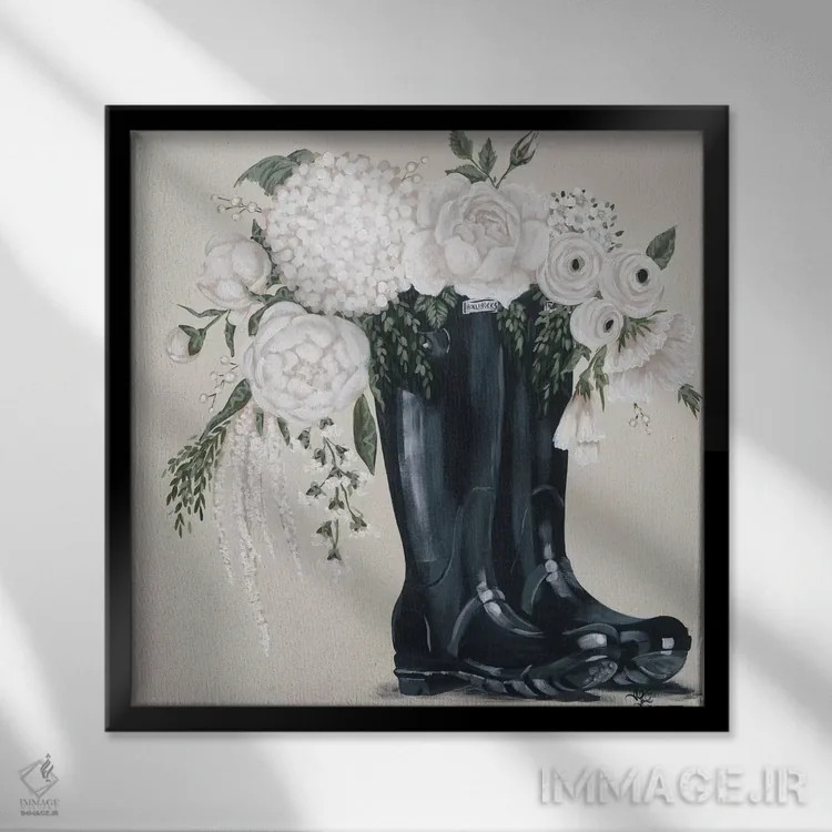 تابلو گلها و چکمههای مشکی اثر هولیهکس آرت (استودیو هنری) - نمای قابدار مشکی