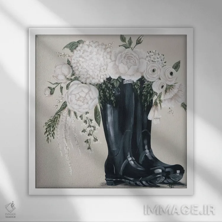 تابلو گلها و چکمههای مشکی اثر هولیهکس آرت (استودیو هنری) - نمای قابدار سفید