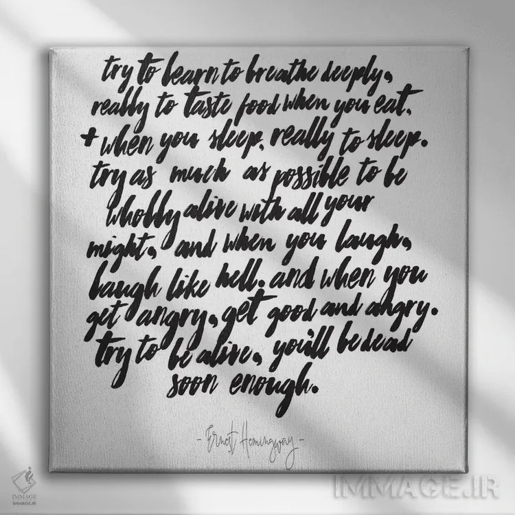 تابلو جملهای از همینگوی دربارهٔ تلاش برای زندگی اثر هانیمون هتل (برند هنری) - نمای روبهرو روی دیوار