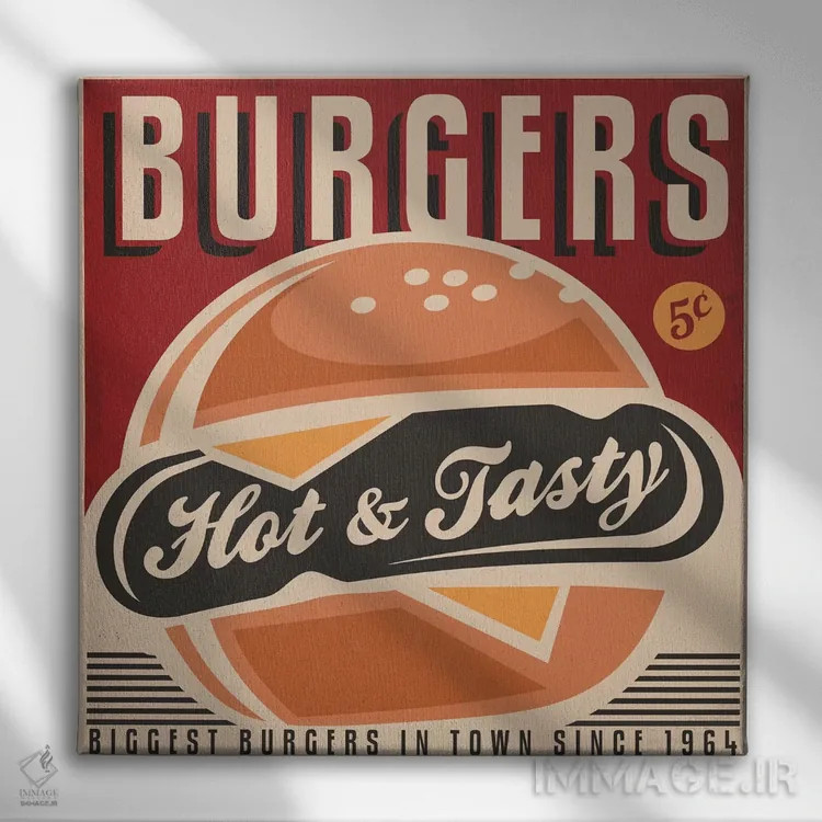 تابلو اینجا همبرگر هست اثر هانیمون هتل (برند هنری) - نمای روبهرو روی دیوار