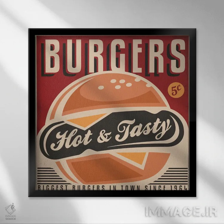 تابلو اینجا همبرگر هست اثر هانیمون هتل (برند هنری) - نمای قابدار مشکی