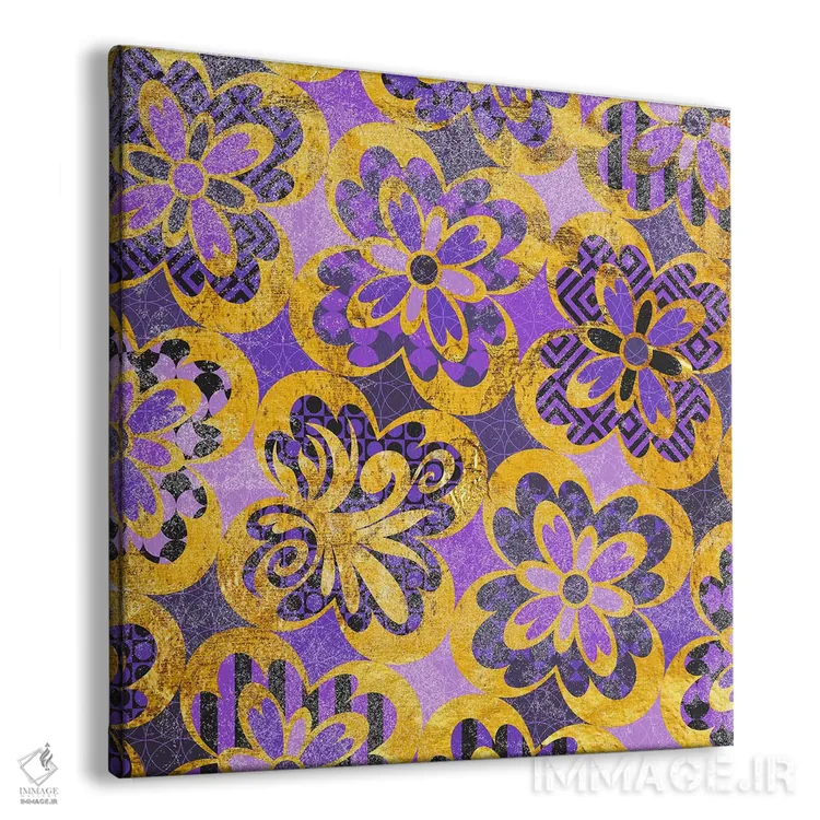 تابلو تزیینات گلدار با طرحهای طلایی و بنفش اثر فایو بای فایو کالکتیو - نمای پرسپکتیو محصول