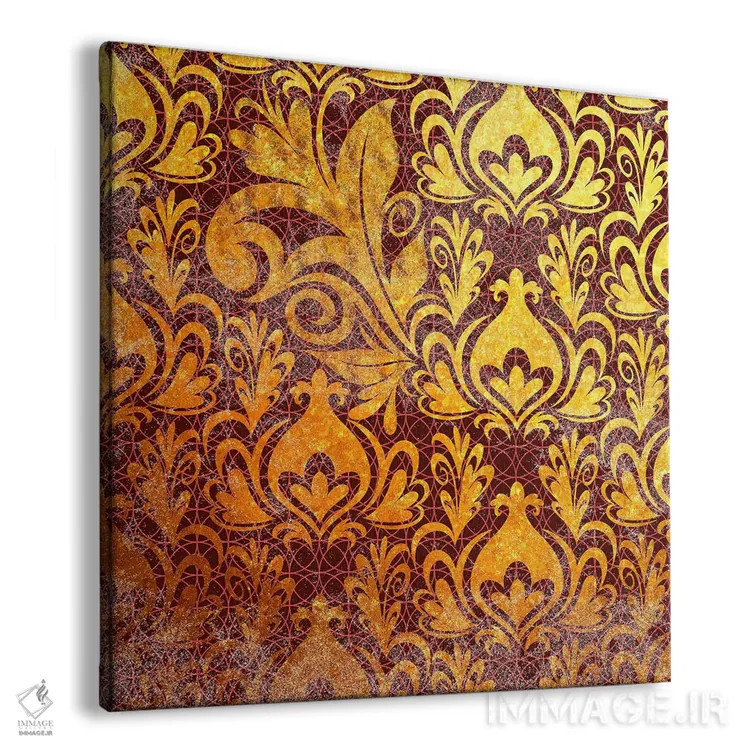 تابلو قطعه نامنسجم طلایی با نقشهای زرشکی اثر فایو بای فایو کالکتیو - نمای پرسپکتیو محصول